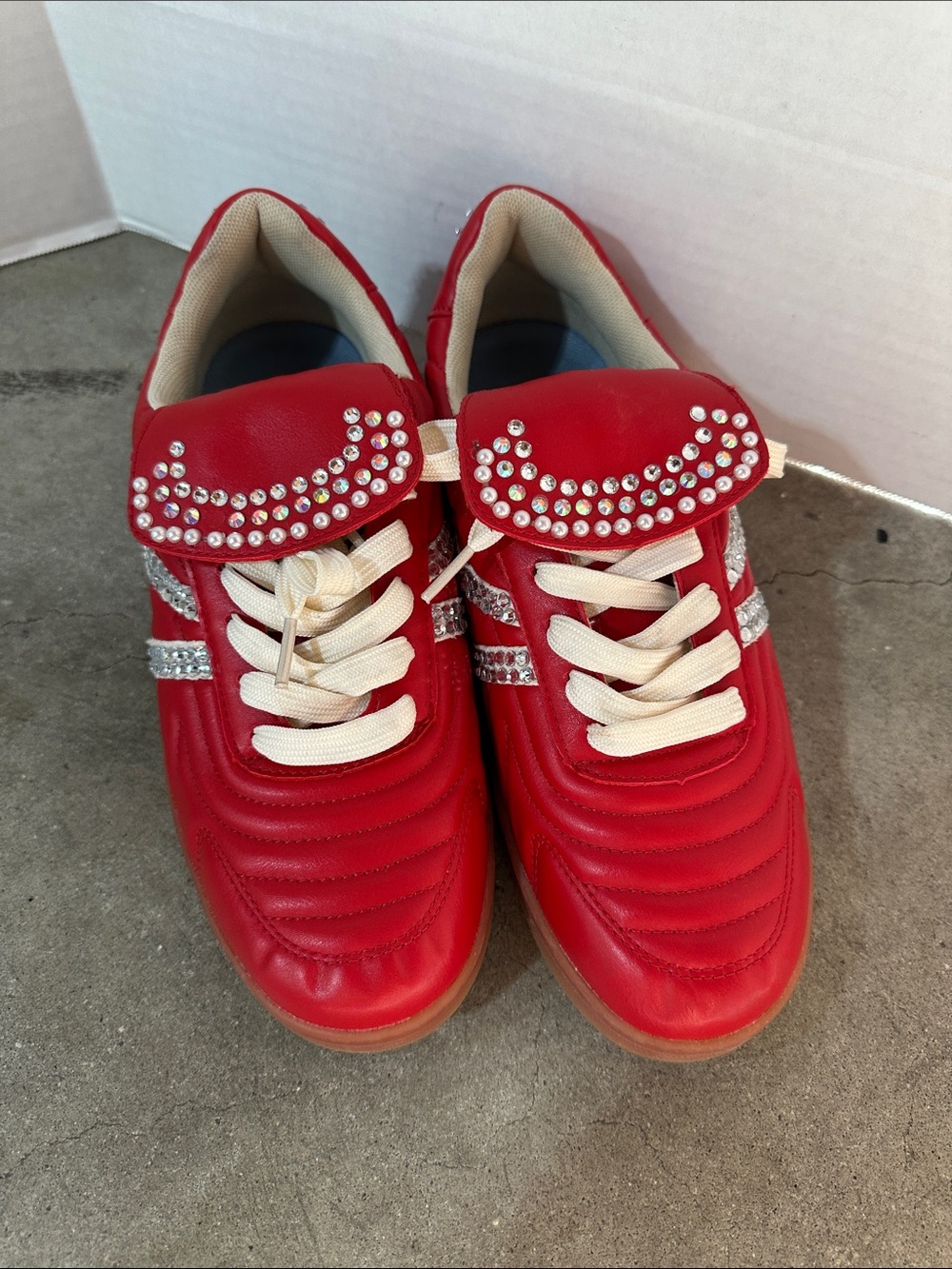 Steve Madden Red Rhinestone Strap Sneakers with Cream Laces